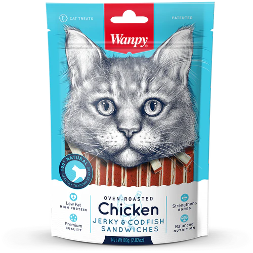 wanpy soft chicken jerky codfish and sandwiches for cat 80 g 1 WanpyCatOven-RoastedChickenJerky_CodfishSandwiches80g_500x