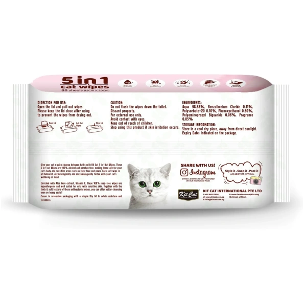 Kit Cat 5 in 1 Cat Wipes - Unscented - 80pcs - Paraben - Alcohol Free